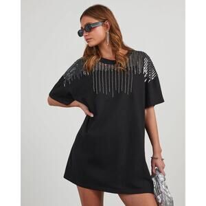 BaeVely NWOT Boutique Silver Sequin Embellished Black T-Shirt Tunic Shirt Dress